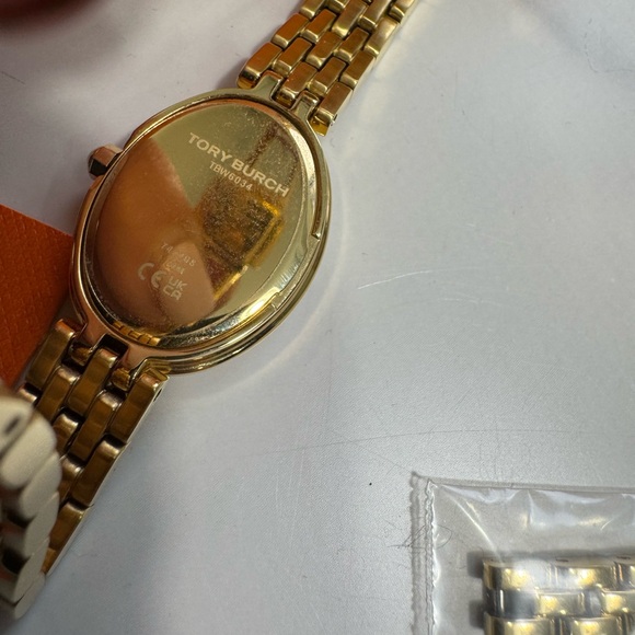 TORY BURCH Gold Link Mother Of PearlWatch with Orange Box Crystals Dressy - Picture 6 of 10